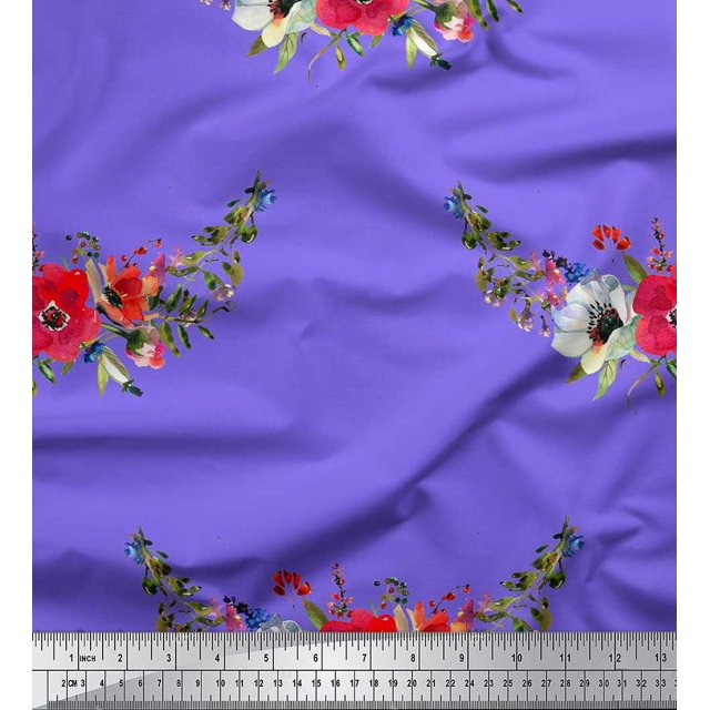 Soimoi polyester Crepe Fabric Leaves & Anemone Flower Fabric Prints By Yard 42 Inch Wide
