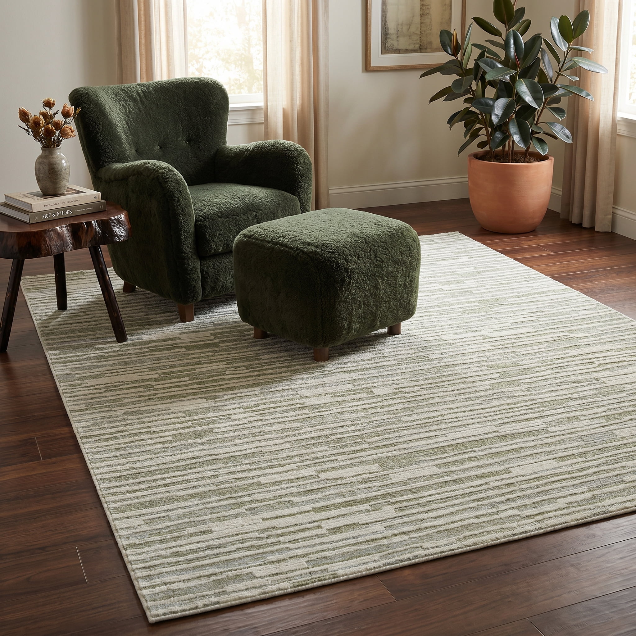 Tapis d'interieur abstrait Rug Branch Nomad, vert beige, moderne - Salon, chambre, salle a manger et cuisine