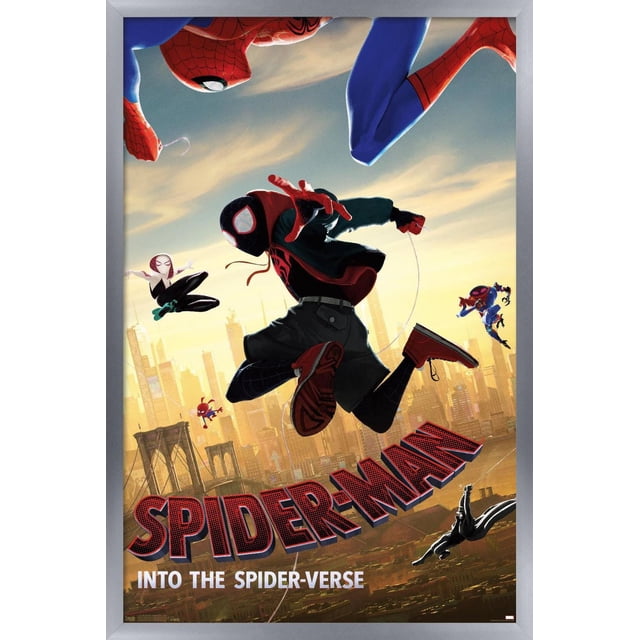 Marvel MCU - Spider-Man - Into The Spider-Verse - Affiche Murale de Plongée, 22,375 Pouces x 34 Pouces Affiche Encadrée Représentant Plusieurs Personnages de Spider-Man Se Balançant sur une skyline de Ville au Coucher du Soleil, avec Texte de logo Spider-Man Rouge et Noir Audacieux, Convient à la Déco Maison et aux collections de Fans.
