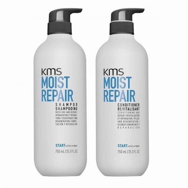 KMS California Moist Repair Shampoo & Conditioner Duo 25.3 oz set with two white bottles featuring pump dispensers. Designed for dry, damaged, and brittle hair, this hydrating shampoo and conditioner provide moisture and repair. Text on the bottles includes 'Moist Repair' in blue and product details in black, ideal for hair care routines.