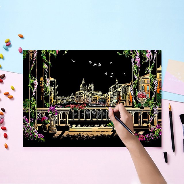 Kit d'Art à Gratter Nightscape DIY pour Adultes et Enfants Révélant des Designs Cachés Activité Éducative