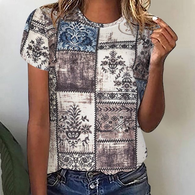 Hauts d'Été Grande Taille pour Femmes, T-Shirt Décontracté Ample à Imprimé Floral, Col Rond, Manches Courtes, Col en V, en Liquidation