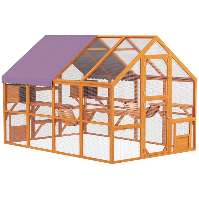 PawHut Enclos Extérieur pour Chat Catio avec Auvent Étanche, Ponts, Orange