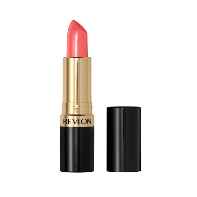 Revlon Super Lustrous Pearl Lipstick, Creamy Formula, 4.2g, shown with the black cap beside the tube, featuring a smooth coral pink lipstick bullet in a black and gold case with the Revlon logo on the gold band, formulated for rich colour and conditioning comfort, often used with lip gloss for extra shine.