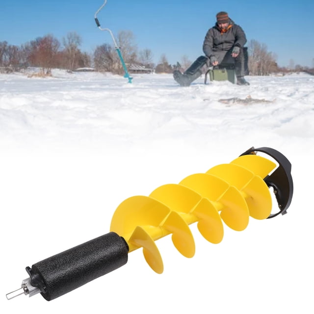 Electric Ice Auger by Fugacal, Présentant une Conception Légère avec un Foret en Alliage Dur durable et des Composants en nylon Résistants aux Impacts. la Tarière Est Montrée avec une Lame en Spirale Jaune Vif et une Poignée Noire, Conçue pour la Pêche sur Glace en conditions Hivernales. l'Arrière-plan Représente un Cadre Extérieur Enneigé avec une Personne Qui Pêche sur Glace au Lointain.