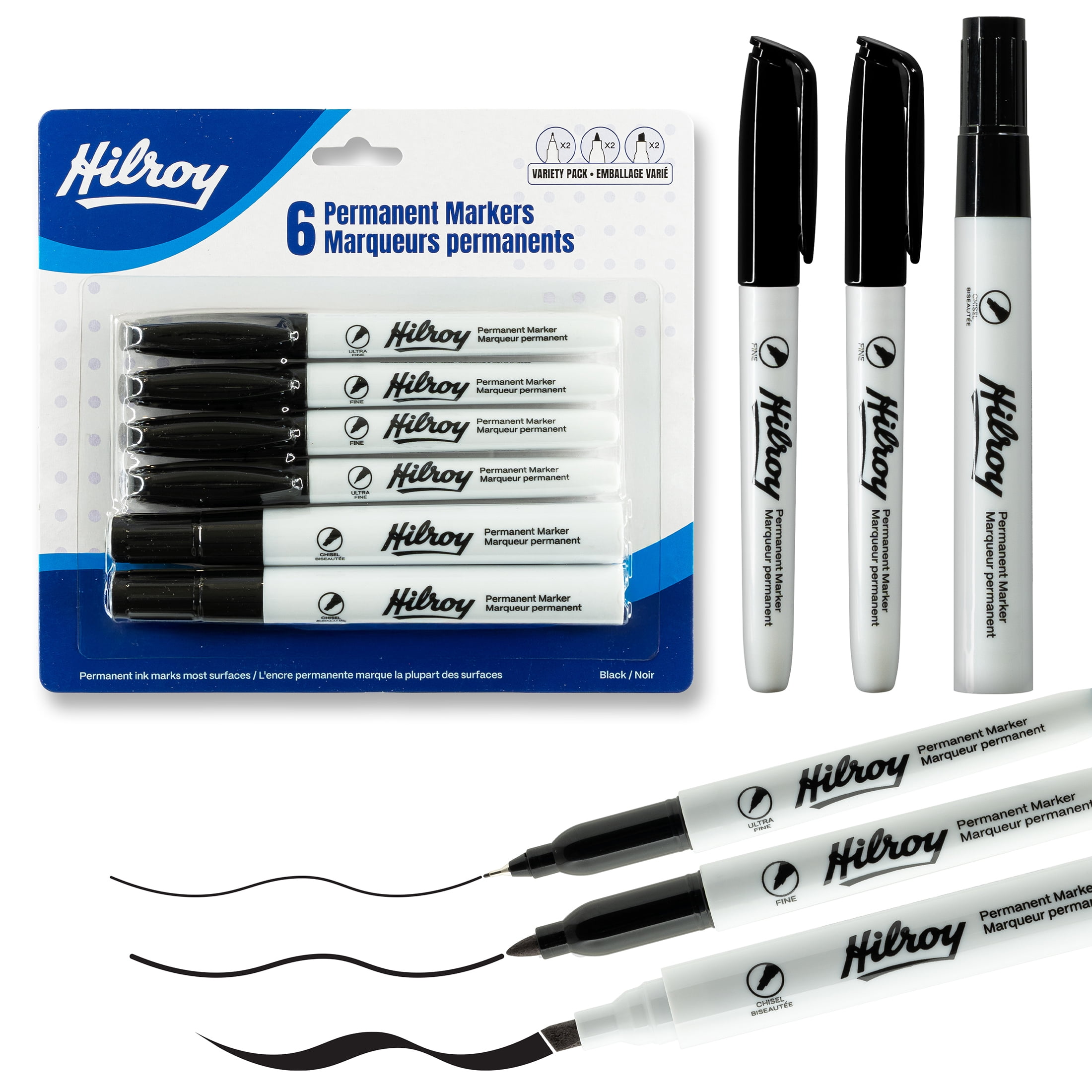 Hilroy Permanent Markers Variety Pack, Permanent Marker, Low Odour Ink, Black, 2 Chisel, 2 Fine, 2 Ultra Fine, 6 Pack