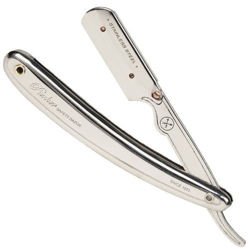 Parker SR1 Stainless Steel Straight Edge Barber Razor, a clip-type shavette razor with a genuine stainless steel blade arm and snap lock mechanism for secure blade placement. Includes 5 Shark Super Stainless blades, designed for professional barbershop use. Razor length is 5 3/4 inches and weighs 1.7 oz.