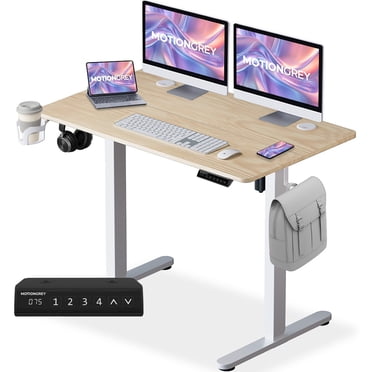 MotionGrey Ergo2 Bureau Debout Électrique Réglable 40 Pouces x 24 Pouces - Dessus Brun Pâle et Cadre Blanc, Assis-Debout à Hauteur Réglable avec Réglages de Mémoire - Ergonomique pour la Maison et le Bureau