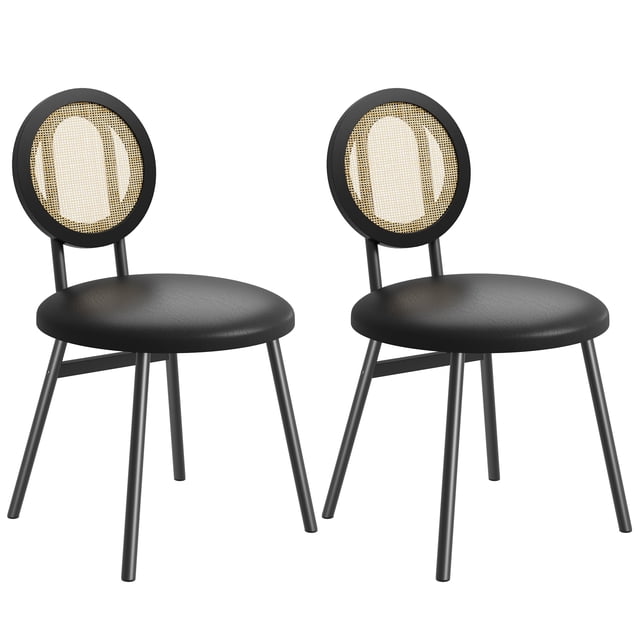 2PC Modern Upholstered Dining Chairs with Natural Rattan Back & Metal Legs, Space-Saving for Kitchen, Dining Room