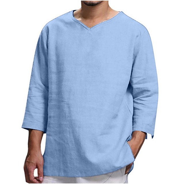 Leutsin Men's Long-sleeved V-neck Cotton And Linen Loose Shirt Pure Color Multi-size