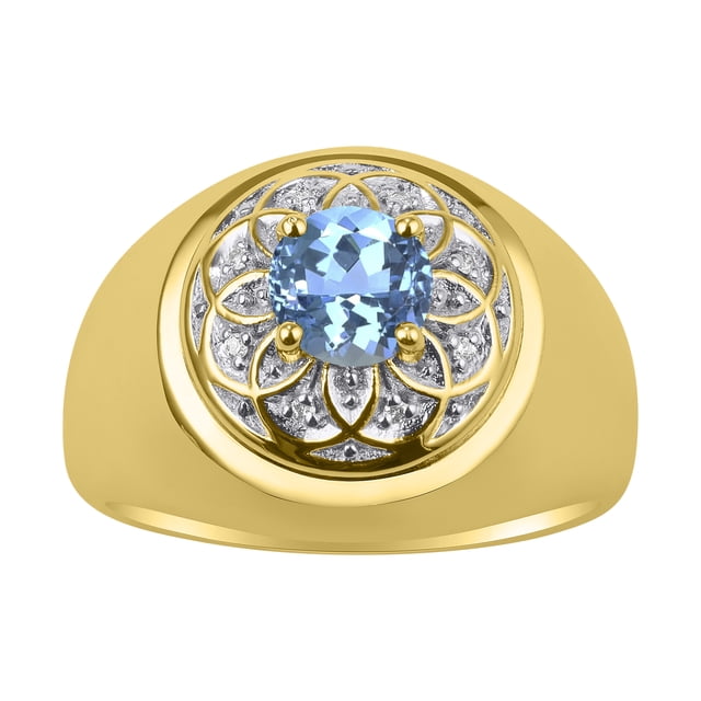 RYLOS Men's Rings 14K Yellow Gold Designer Gypsy 7MM Round Gemstone & Diamond Ring Blue Topaz December Birthstone Size 9