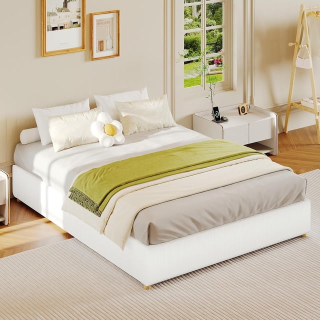Full Size Cloud Bed Frame, Low Bed Frame Without Headboard, Corduroy Upholstered Low Platform Bed with Solid Wood Legs, No Box Spring Required, Quiet and Easy Assembly, White