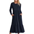 thumbnail image 1 of Liquidation! Hontri Robes pour Femmes 2024 Robe à Col Rond Plissée Unie à Manches Longues Évasée Décontractée Robes pour Femmes Bleu Marine,P, 1 of 4