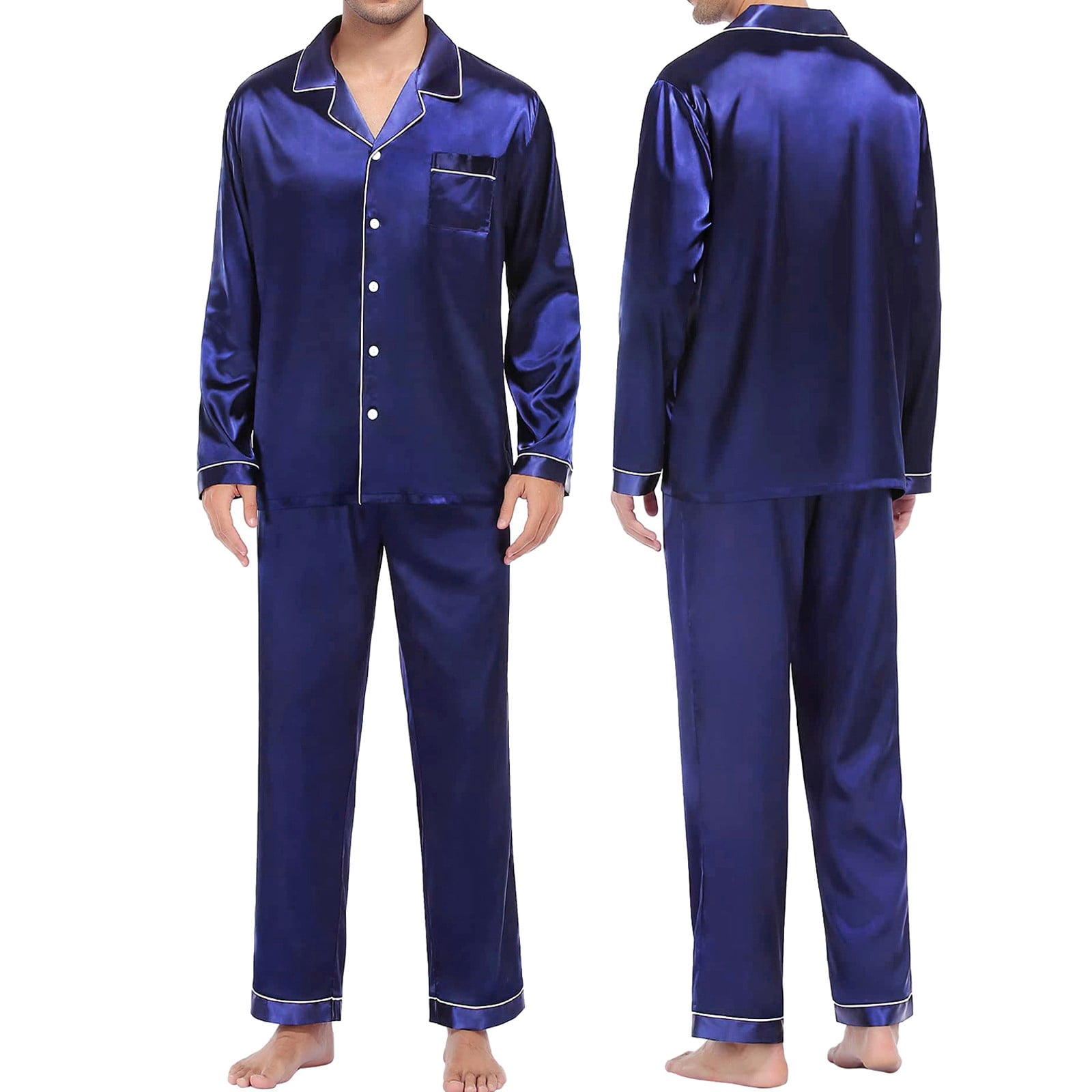 DondPO Womens Pajamas,Silk Pajamas for Women Men's Casual Pyjamas Long Sleeve Blouse Button Silk Satin Two Piece Sleepwear Suit Pant Pyjama Pajama Sets for Women 2 Piece,Pj Sets for Woman Blue XL