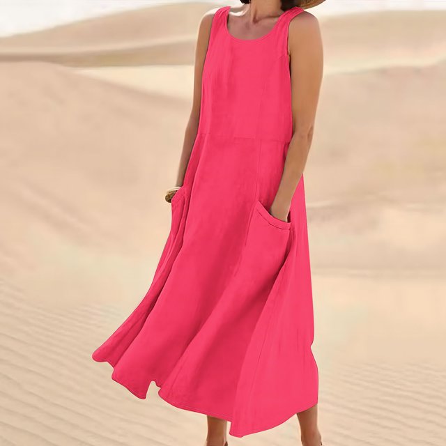 EQWLJWE Économies d'Été! Robes d'Été pour Femmes 2024 Décontractées Tendance, Robes pour Femmes Grande Taille en Liquidation Évasées, Robe Longue Sans Manches en Coton et Lin à Col Rond de Couleur Unie avec Poche