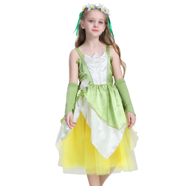 KAWELL Girls Green Halloween Costume Fairy Tale Princess Dress for Cosplay Carnival