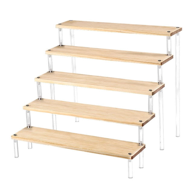 Acrylic Display Riser Shelf Wood Shelf Display Shelves for Collectibles Dessert 5 Tiers. This display stand features five wooden tiers supported by clear acrylic legs, offering a stepped design suitable for showcasing jewelry, desserts, action figures, or cosmetics. The natural wood finish and transparent acrylic provide a clean, modern look. Dimensions for the 5-tier version are 30cm x 26cm (11.81 inches x 10.24 inches).