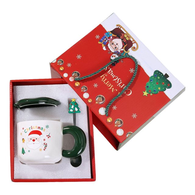 Lipstore Christmas Mug Set Water Container Milk Mug Tea Cup Cute with Lid Spoon Xmas Gift Green Santa Claus