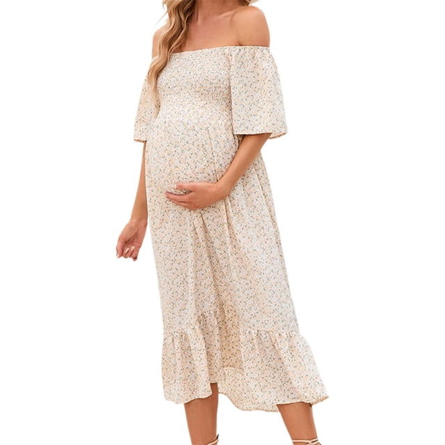 MEZZALL Robe Femme Florale à Encolure Carrée Robes Midi Robe de Maternité Enceinte Décontractée Robe Trapèze Longue Fluide à Smocks Robe Classique Tenue Quotidienne TTG