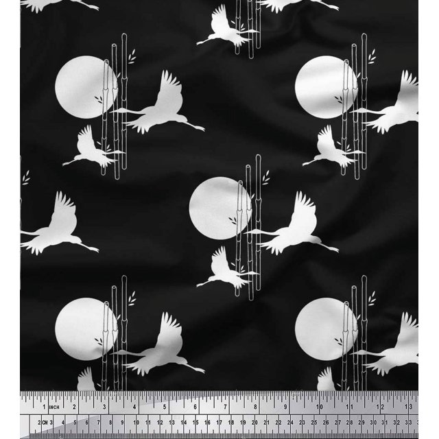 Soimoi Modal Satin Fabric Bamboo Tree,Moon & Stork Bird Print Fabric by The Yard 42 Inch Wide