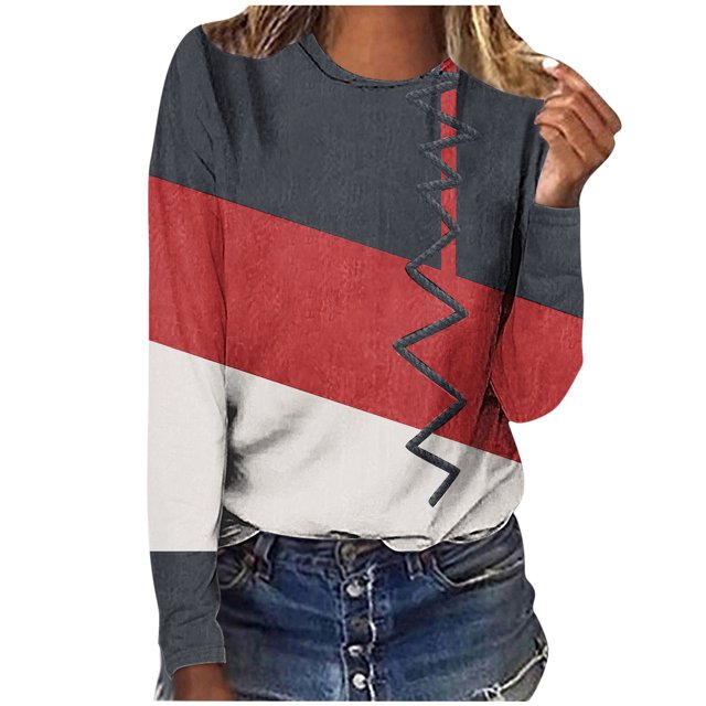 Nouveaux Hauts pour Femmes 2023 Imprimés Décontractés Amples à Col Rond Grande Taille T-shirt à Manches Longues Hauts Blouse