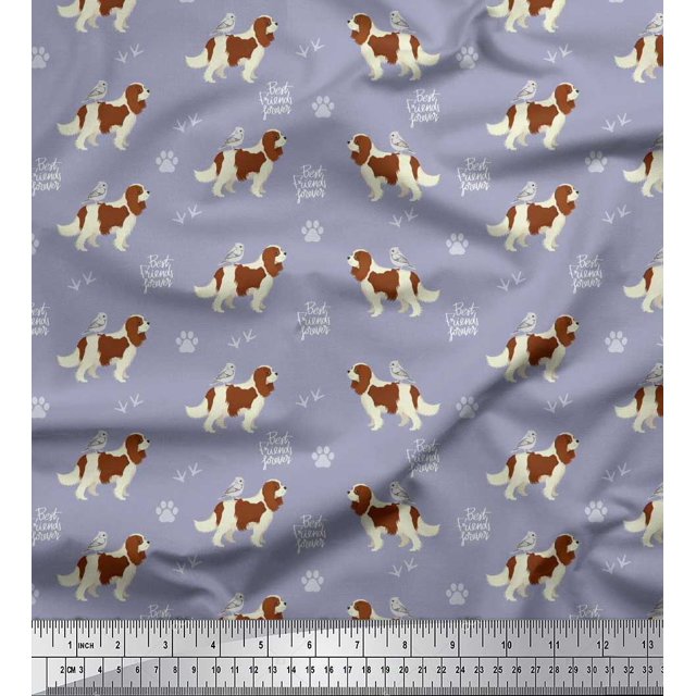 Soimoi Grey polyester Crepe Fabric Bird,Paw & Cocker Spaniel Dog Printed Fabric 1 Yard 42 Inch Wide