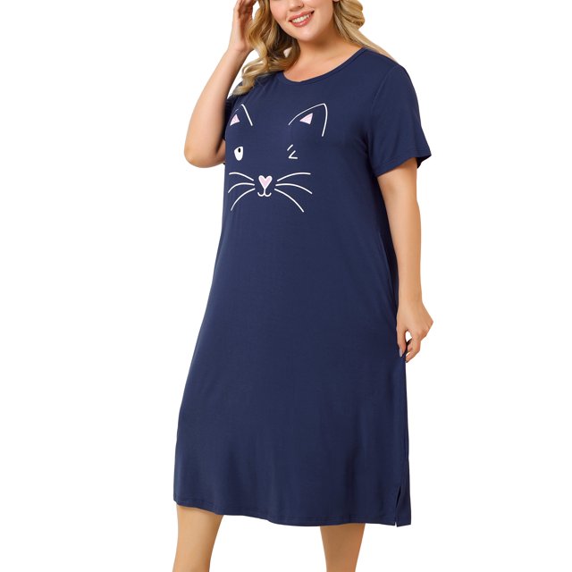 Agnes Orinda Nuisettes pour Femmes Grande Taille Fête des Mères Col Rond Manches Courtes Robe de Nuit Imprimé Chats Pyjamas Détente Maison avec Poche 2X Bleu Marine
