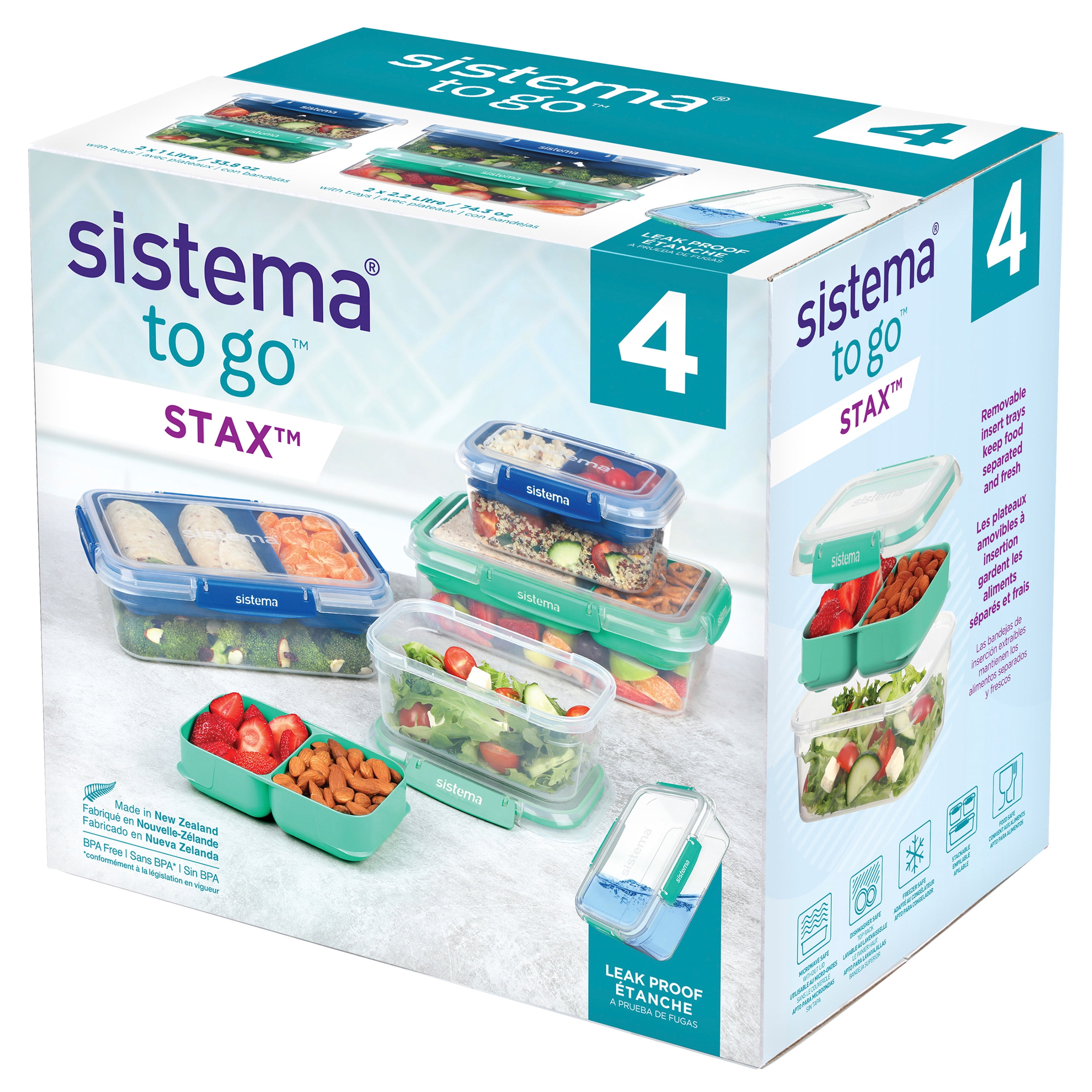 Sistema To Go Stax Leakproof Food Storage Containers, 2 x 1 L & 2 x 2.2 L, Airtight, Stackable, Easy Locking Clips, BPA-Free, Blue & Teal (Colour Not Selectable)