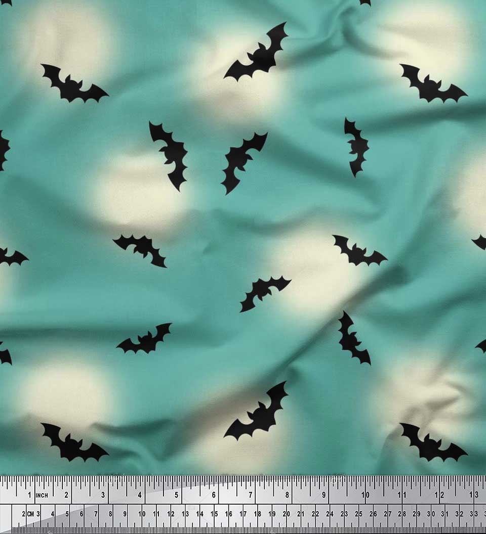 Soimoi Rayon Fabric Moon & Bat Halloween Printed Fabric 1 Yard 56 Inch Wide