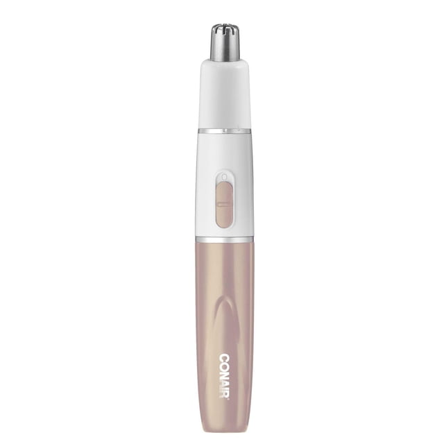 Conair pour Elle Tondeuse pour Nez et Sourcils au Lithium pour Femmes avec Corps Mince Blanc et Or rose, Tête de Coupe Inclinée Argentée et Interrupteur Marche/arrêt, Conçue pour une Coupe Sécuritaire du Nez, des Oreilles et des Poils des Sourcils, Convient aux Zones Sensibles.