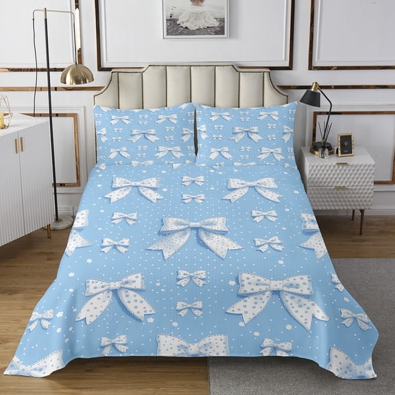 YST Cute Bow Knot Bedspread Set King Size, Simple Polka Dots Quilt Set For Bed, Cartoon Bows Printed Kids Adults Bedroom Decor Bedspread & Coverlet Sets, Blue White Kawaii Bedding Set