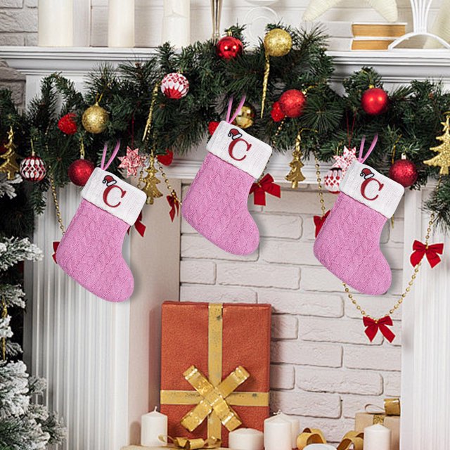Fridja 7.1 Inches Mini Initial Monogram Embroidered Christmas Stocking Knitted Christmas Decorations Stocking Red, Pink, Blue Knit Cute Christmas Stocking-Pink-C