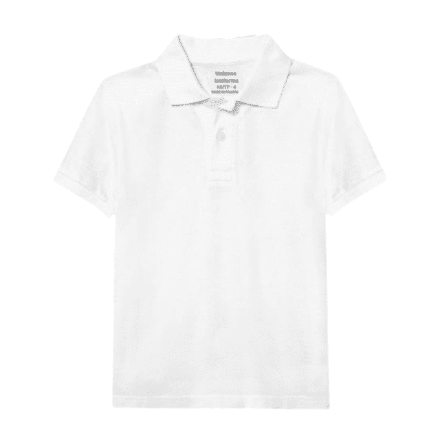 Unizone Uniforms Boy short sleeve polo shirt in X-Small size and white color. Made from a breathable cotton blend, this classic boys' polo features a collared neckline with a two-button placket, ideal for school uniforms or casual wear.