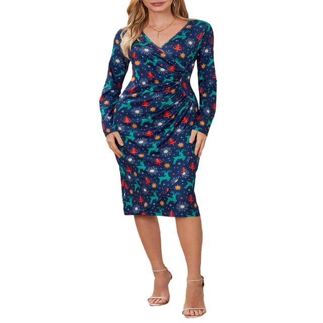 Robe à Motif Cartoon pour Femmes avec Manches Longues et Col en V Parfaite pour Noël