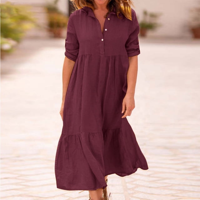 Robes d'Invitée de Mariage pour Femmes Courtes Mode Femmes Automne Uni Décontracté Col Rabattu Manches Longues Vacances Robe à Boutons Robe de Mariage à Manches Longues en Liquidation