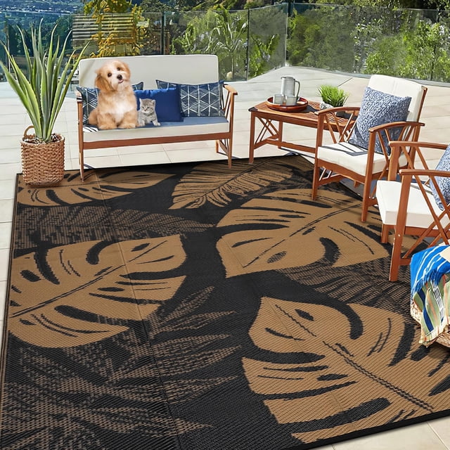 Tapis d'Extérieur Réversible 9x12 Pi – Tapis de Patio en Paille Plastique Imperméable avec Résistance aux UV – Tapis Facile à Nettoyer Comprend un Sac Portable et 4 Piquets pour VR, Plage, Terrasse et Camping – Noir Brun