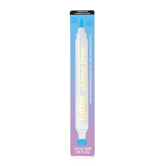 Lottie London Stamp Liner 3.56ml dual-ended liquid eyeliner in light blue with a felt-tip liner and peace sign stamp, waterproof and easy to use, designed for precise winged eyeliner looks, shown in vertical packaging with blue to purple gradient background.