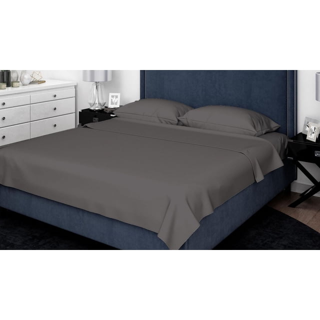 Johnson Home 1000TC Cotton-Polyester Blended Sheet Sets in dark grey on a king-size bed with navy blue upholstered headboard with silver nailhead trim, paired with matching pillowcases, in a modern bedroom with white dresser and black nightstands, offering breathable, durable, and wrinkle-resistant bedding ideal for comfortable sleep.