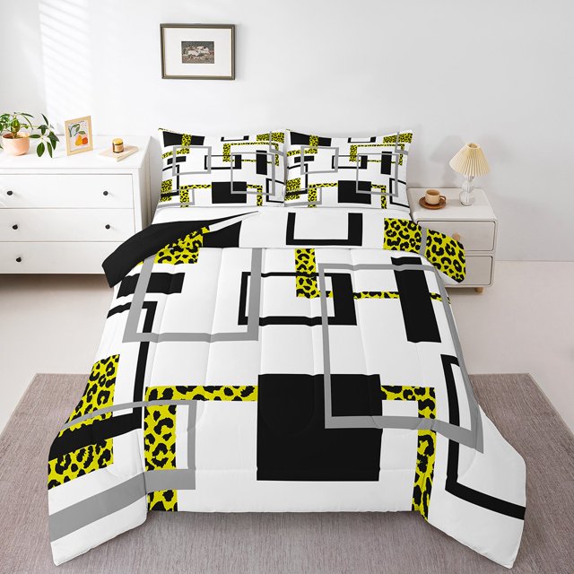 YST Couette Rayée Noire et Blanche Très Grand, Literie Motif Léopard Doré, Ensembles de Literie Géométriques avec Couette, Courtepointe Réversible Carrée Moderne avec 2 Taies d'Oreiller Déco de Chambre