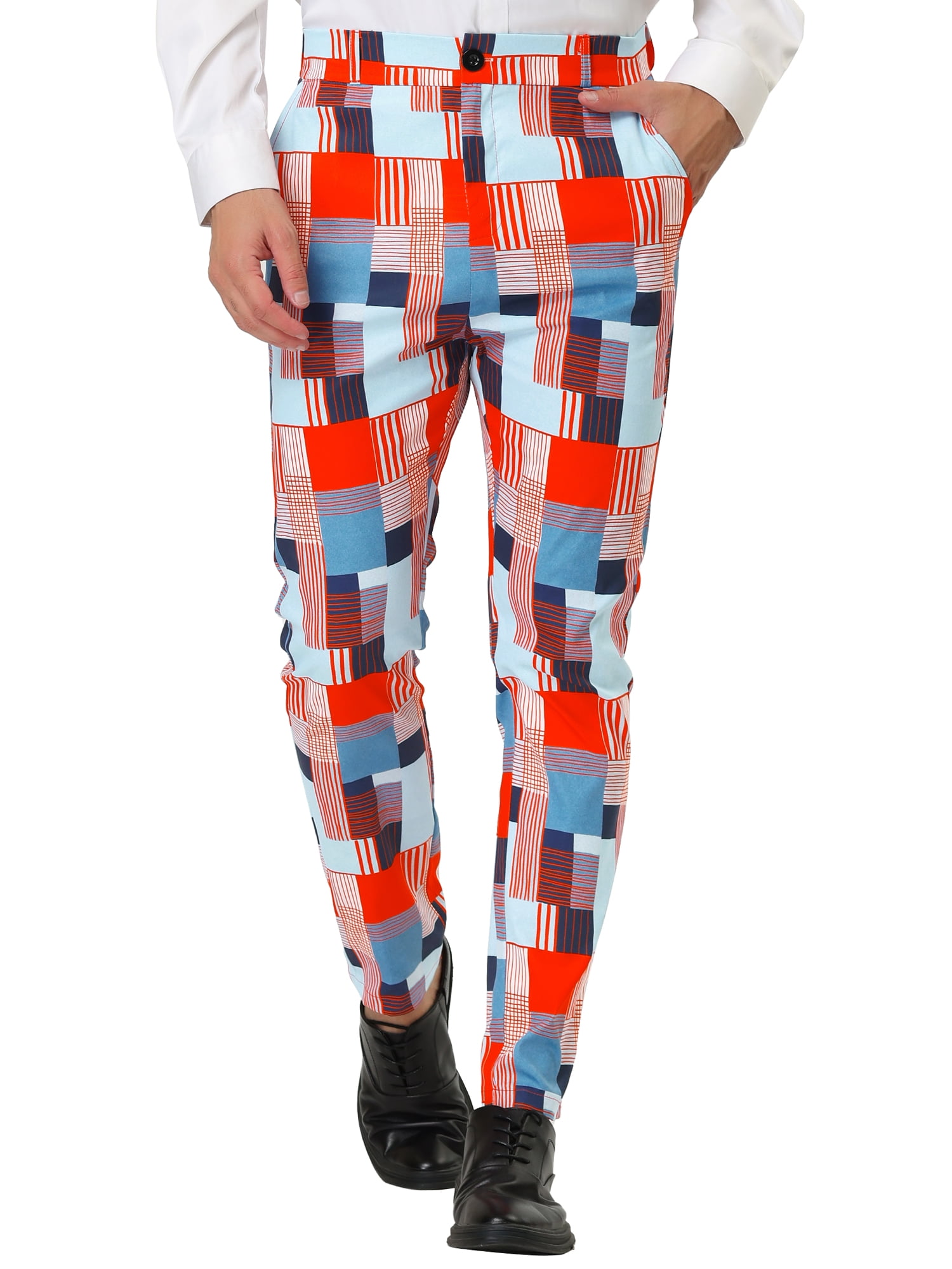 INSPIRE CHIC Men's Casual Geometric Printed Color Block Flat Front Dress Pants 28 Orange Blue
