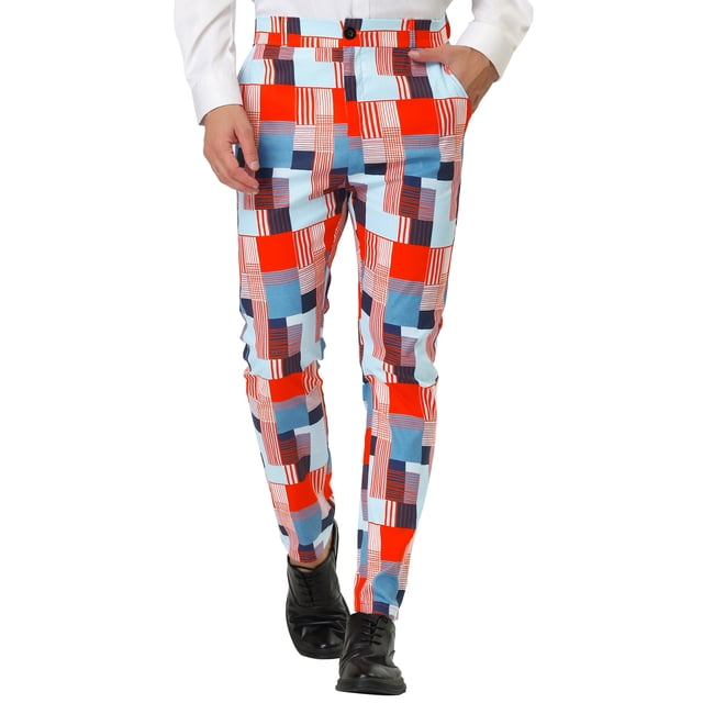 INSPIRE CHIC Men's Casual Geometric Printed Color Block Flat Front Dress Pants 32 Orange Blue