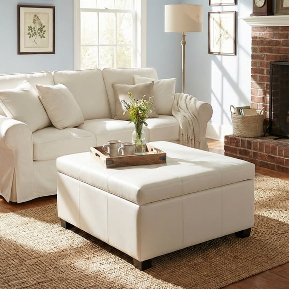 DAJU 34.25'' Large Square Ottoman Coffee Table with Storage Upholstered PU Leather Ottoman for Living Room Bedroom 34.25"L x 34.25W x 18.31"H''
