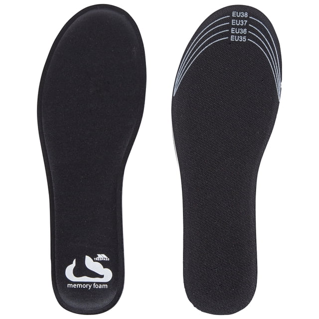 Semelles en Mousse Mémoire par Trespass, Comprenant une Paire de Semelles de Rechange Noires avec une construction en spandex et en Maille. les Semelles Sont Découpées sur Mesure avec des Marquages de Taille EU de 35 à 38 Visibles sur une Semelle. Conçues pour Améliorer le Confort des Chaussures avec un Amorti en Mousse Mémoire, Idéales pour les Soins des Pieds et les Besoins de Soins Personnels.