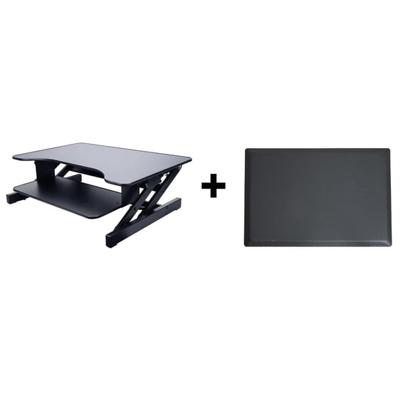 Rocelco Convertisseur de bureau debout réglable en hauteur de 32 "avec tapis anti-fatigue BUNDLE - Assise debout pour deux écrans - Poste de travail informatique - Grand plateau de clavier rétractable