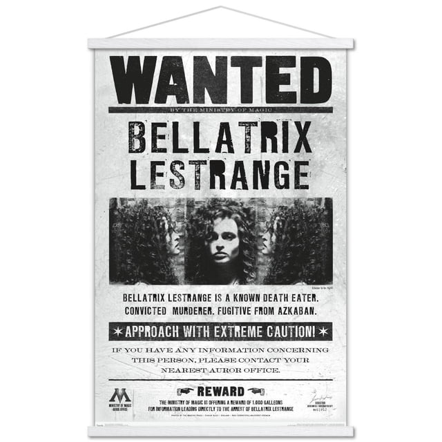 Le Monde des Sorciers : Harry Potter - Affiche Murale de Bellatrix Recherchée, 14,725 Pouces x 22,375 Pouces, Affiche une Affiche Vintage en Noir et Blanc avec Texte Audacieux « Wanted » et « Bellatrix LESTRANGE ». Elle Comprend une photo de Profil Latérale de Bellatrix aux Cheveux Bouclés, Étiquetée comme Meurtrière Connue, Condamnée et fugitive d'Azkaban. l'Affiche Met en Garde contre une Approche avec une Extrême Prudence et Offre une Récompense de 1