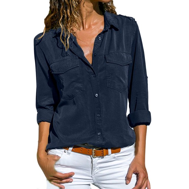 Chemise Décontractée pour Femmes, Unie, à Manches Longues, Col Rabattu, avec Poches, Boutonnée devant