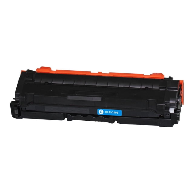 L-ink Compatible Samsung CLT-C506S Cyan Toner Cartridge with black plastic body and orange protective cover, featuring a blue CLT-C506 label, compatible with Samsung CLP-680 and CLX-6260 printers, ISO certified for quality and efficiency, offering a 3500 page yield and clear, crisp print results.