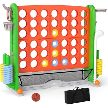 OLAKIDS Jeu Géant 4 en Ligne avec Réglage de la Hauteur, 4 Jeux à Marquer pour le Plaisir Intérieur Extérieur avec Filet en Maille, Sac de Rangement, Golf, Panier de Basketball, Lancer de Anneaux pour Enfants Adultes