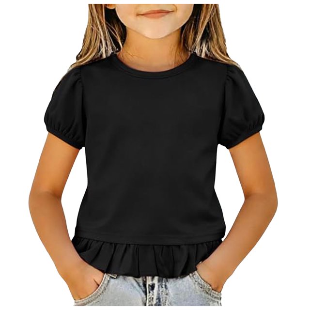 Akiihool T-Shirts à Manches Courtes Bouffantes pour Filles T-Shirts pour Filles T-Shirts Graphiques T-Shirts à Manches Courtes Col Rond Mignon Été Décontracté Hauts Basiques pour Enfants (Noir, 3-4 Ans)
