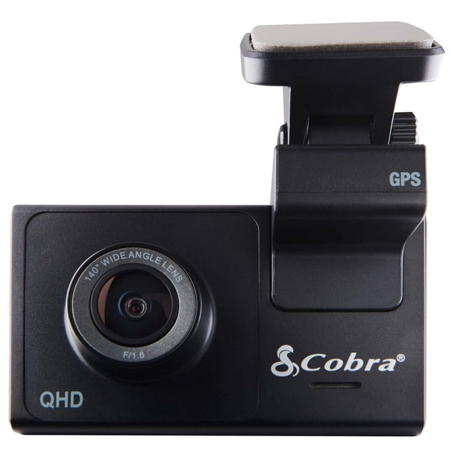 Cobra SC 200D Dual-View Smart Dash Cam Black with a front rectangular body featuring a 140° wide-angle lens marked F/1.8, QHD video resolution, GPS on the mounting bracket, and the Cobra logo on the front panel, suitable for automotive dash camera use.